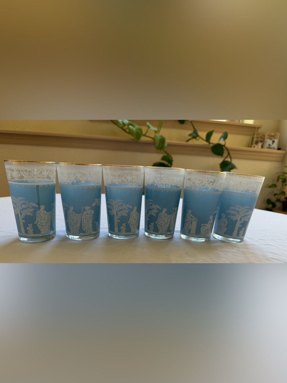 VTG Jeannette Hellenic Neoclassical 8 oz Glass Tumbler Set, Gold Rim, set of 6
